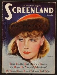 5d087 SCREENLAND magazine November 1935 art of Greta Garbo in cool hat by Charles Sheldon!