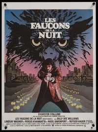 5e471 NIGHTHAWKS French 15x21 '81 Sylvester Stallone with gun drawn, cool Bourduge art!