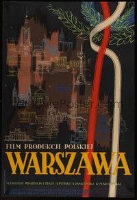 5e083 WARSZAWA Polish 23x33 '54 cool city artwork of Warsaw, Poland by J. Knothe!