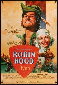 5f022 ADVENTURES OF ROBIN HOOD 1sh R89 Errol Flynn as Robin Hood, De Havilland, Rodriguez art!