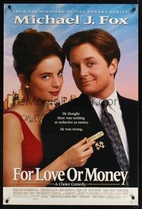 5f211 FOR LOVE OR MONEY signed DS 1sh '93 by Michael J. Fox, close-up of Fox & Gabrielle Anwar!
