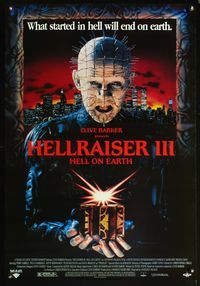 5f278 HELLRAISER III: HELL ON EARTH video 1sh '92 Clive Barker, great c/u of Pinhead holding cube!