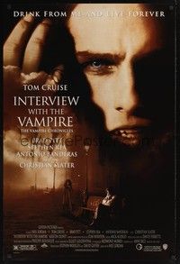 5f323 INTERVIEW WITH THE VAMPIRE 1sh '94 close up of fanged Tom Cruise, Brad Pitt, Anne Rice!