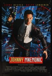 5f342 JOHNNY MNEMONIC 1sh '95 Keanu Reeves techno-thriller, cool artwork!