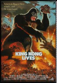 5f358 KING KONG LIVES 1sh '86 great artwork of huge unhappy ape attacked by army!