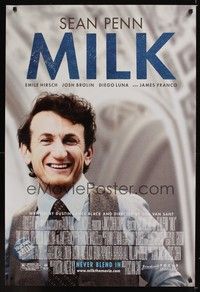 5f433 MILK DS 1sh '08 Gus Van Sant, close-up of Sean Penn in his Best Actor Academy role!