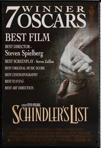 5f543 SCHINDLER'S LIST int'l 1sh '93 Steven Spielberg, Liam Neeson, Ralph Fiennes