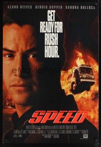 5f592 SPEED style A int'l DS 1sh '94 huge close up of Keanu Reeves & bus driving through flames!