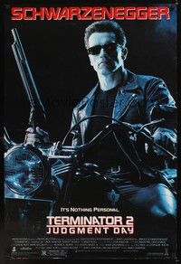 5f648 TERMINATOR 2 DS 1sh '91 Arnold Schwarzenegger on motorcycle w/shotgun, it's nothing personal!