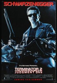 5f647 TERMINATOR 2 advance DS 1sh '91 Arnold Schwarzenegger on motorcycle with shotgun!