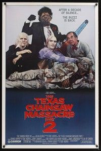 5f650 TEXAS CHAINSAW MASSACRE PART 2 family style 1sh '86 Tobe Hooper horror sequel, cast portrait!