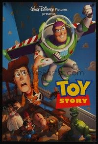 5f674 TOY STORY DS 1sh '95 Disney & Pixar cartoon, great image of flying Buzz, Woody & cast!