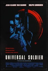5f697 UNIVERSAL SOLDIER DS 1sh '92 great close up of Jean-Claude Van Damme & Dolph Lundgren!
