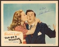 5g038 FUN ON A WEEKEND signed LC #5 '47 by Eddie Bracken, who's being kissed by Priscilla Lane!