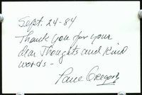 5g122 PAUL GREGORY signed 4x6 card '84 response received after a nice fan letter was sent!