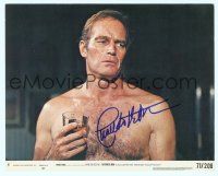 5g163 CHARLTON HESTON signed 8x10 mini LC '71 barechested close up with drink from The Omega Man!