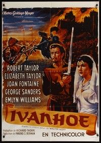 5h369 IVANHOE French 31x47 R80s art of pretty Elizabeth Taylor, Robert Taylor & Joan Fontaine!