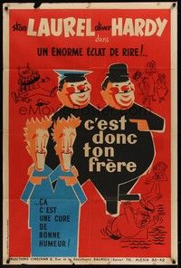 5h373 OUR RELATIONS French 31x47 R50s wacky different art of Stan Laurel & Oliver Hardy!