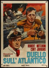 5h117 ENEMY BELOW Italian 1p R61 great different art of Navy men Robert Mitchum & Curt Jurgens!