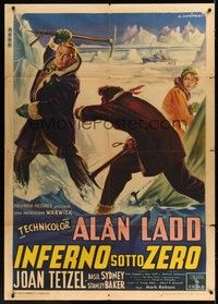5h138 HELL BELOW ZERO Italian 1p '54 Capitani art of Alan Ladd fighting with pickaxe!
