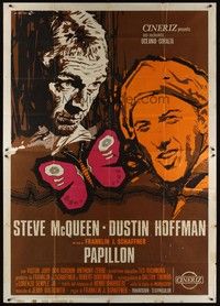 5h299 PAPILLON Italian 2p 1973 great different art of Steve McQueen & Dustin Hoffman by Cesselon!