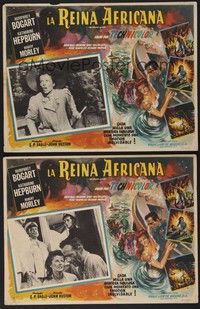5j025 AFRICAN QUEEN 8 Mexican LCs '52 different border art of Humphrey Bogart & Katharine Hepburn!