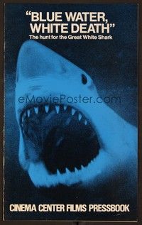 5j218 BLUE WATER, WHITE DEATH pressbook '71 cool close image of great white shark w/open mouth!