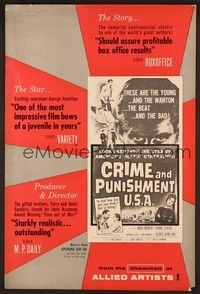5j299 CRIME & PUNISHMENT U.S.A. pressbook '59 introducing George Hamilton, from the famed novel!