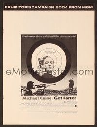 5j436 GET CARTER pressbook '71 great image of Michael Caine holding pistol in assassin's scope!