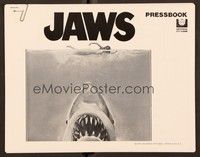5j545 JAWS pressbook '75 art of Steven Spielberg's classic man-eating shark attacking sexy swimmer
