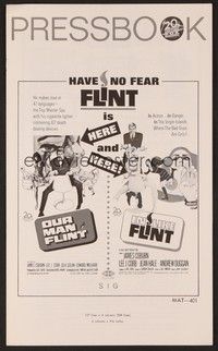 5j725 OUR MAN FLINT/IN LIKE FLINT pressbook '67 James Coburn, Flint Double-bill, Bob Peak art!
