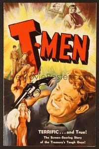 5j893 T-MEN pressbook '48 Anthony Mann film noir, cool art of sexy bad girl & man with gun!