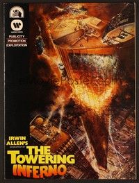 5j928 TOWERING INFERNO pressbook '74 Steve McQueen, Paul Newman, art of burning building by Berkey