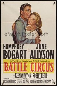 5m076 BATTLE CIRCUS 1sh '53 great artwork of Humphrey Bogart hugging June Allyson!