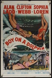 5m136 BOY ON A DOLPHIN 1sh '57 art of Alan Ladd & sexiest Sophia Loren swimming underwater!