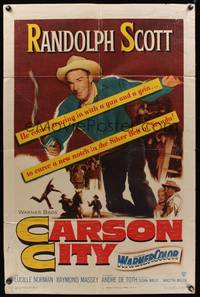 5m174 CARSON CITY 1sh '52 Randolph Scott in Nevada with a gun and a grin!