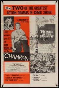 5m181 CHAMPION/HOME OF THE BRAVE 1sh '54 Kirk Douglas, dynamite action drama double bill!