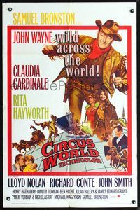 5m195 CIRCUS WORLD 1sh '65 Claudia Cardinale, John Wayne is wild across the world!