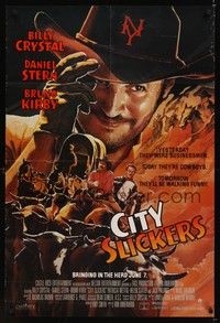 5m199 CITY SLICKERS advance 1sh '91 great artwork of cowboys Billy Crystal & Daniel Stern!