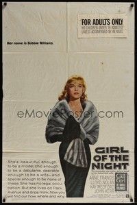 5m349 GIRL OF THE NIGHT 1sh '60 prostitute Anne Francis in a sexy dress is The Call Girl!
