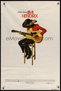 5m451 JIMI HENDRIX 1sh '73 cool art of the rock & roll guitar god playing on chair!