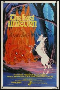 5m480 LAST UNICORN 1sh '82 cool fantasy artwork of unicorn & giant flaming bull!