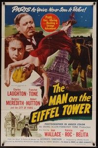 5m535 MAN ON THE EIFFEL TOWER 1sh '49 Charles Laughton, sexy Jean Wallace, cool film noir artwork!