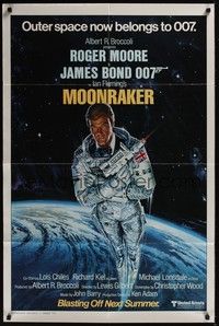 5m008 MOONRAKER style A advance 1sh '79 art of Roger Moore as James Bond in outer space by Gouzee!