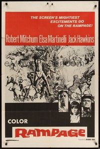 5m666 RAMPAGE military 1sh '63 Robert Mitchum & Elsa Martinelli in the African jungle, cool art!