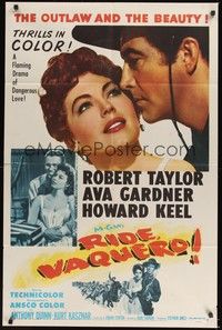 5m682 RIDE, VAQUERO 1sh '53 close-up of outlaw Robert Taylor & beauty Ava Gardner!