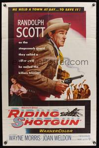5m683 RIDING SHOTGUN 1sh '54 great artwork of cowboy Randolph Scott with smoking gun!