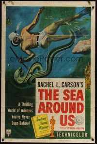 5m714 SEA AROUND US style A 1sh '53 really cool art of scuba diver and undersea creatures!
