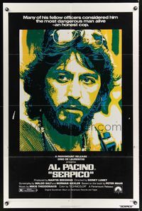 5m716 SERPICO 1sh '74 cool close up image of Al Pacino, Sidney Lumet crime classic!