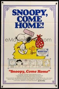 5m754 SNOOPY COME HOME 1sh '72 Peanuts, Charlie Brown, great Schulz art of Snoopy & Woodstock!
